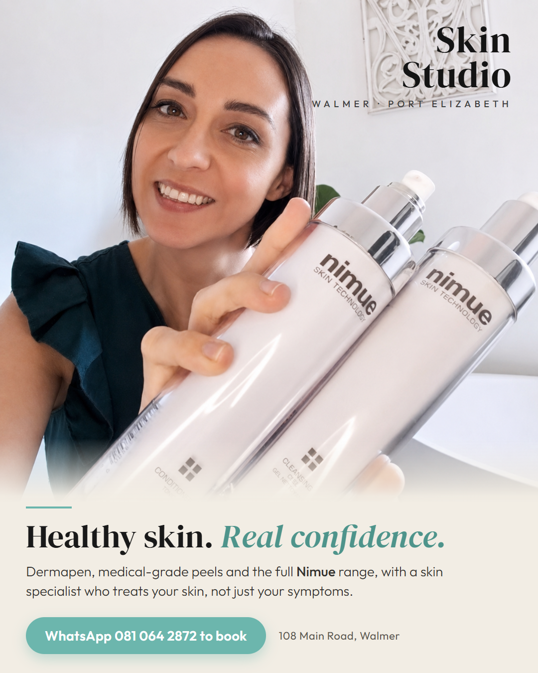The Skin Studio sample ad, built on Denique's own photo